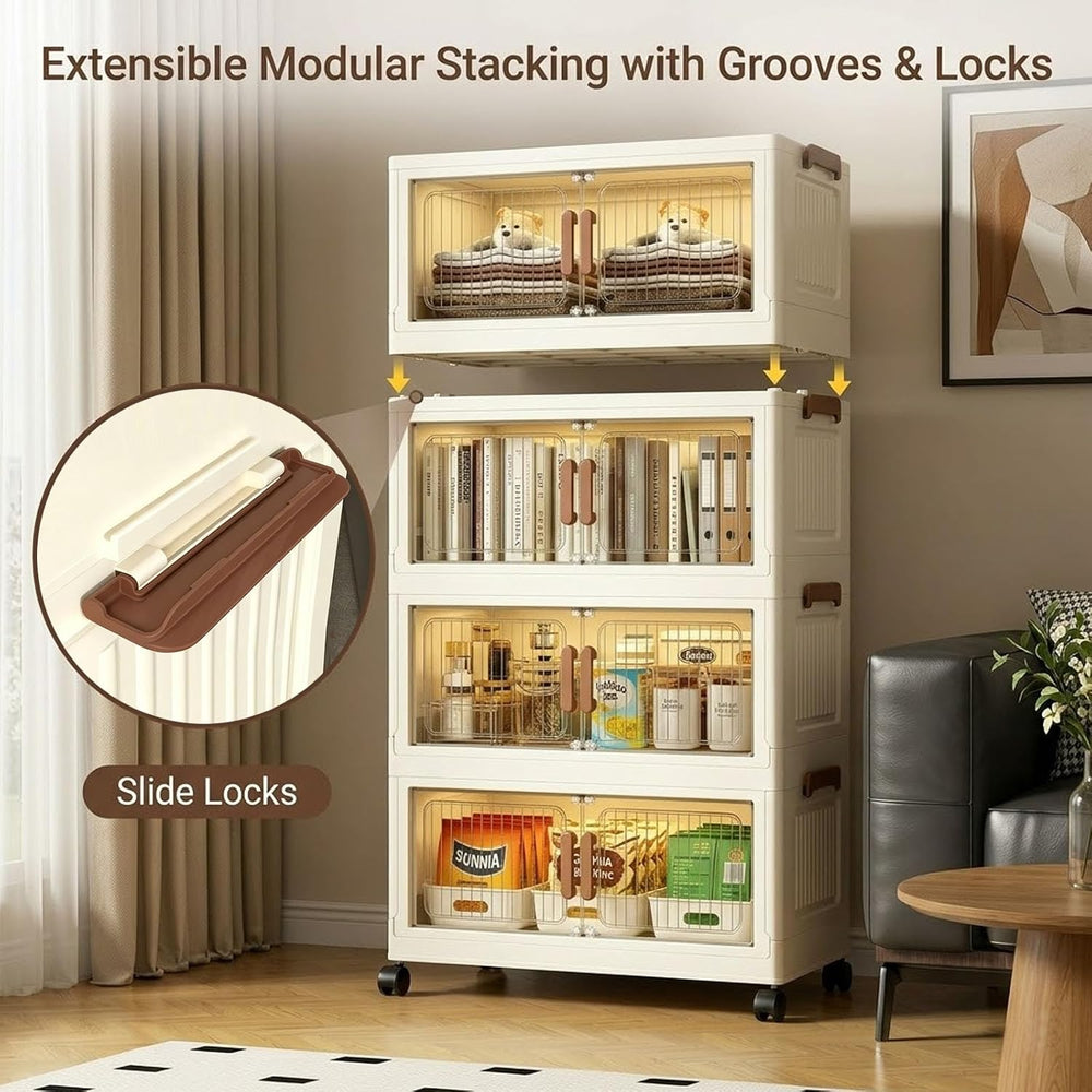 124QT Stackable Collapsible Storage Bins withLids and Front Doors, Rolling Li...