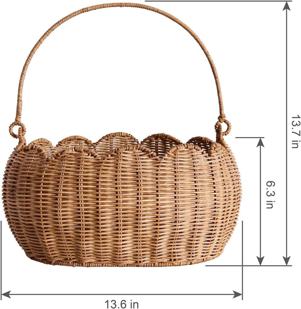 Scalloped Round Basket with Handle, Super Sturdy Wicker Storage Baskets, Hand...