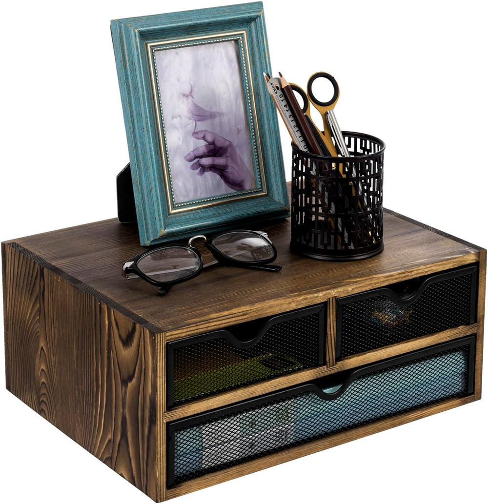 MyGift Rustic Burnt Brown Solid Wood Desktop Organizer Box with 3 Removable B...