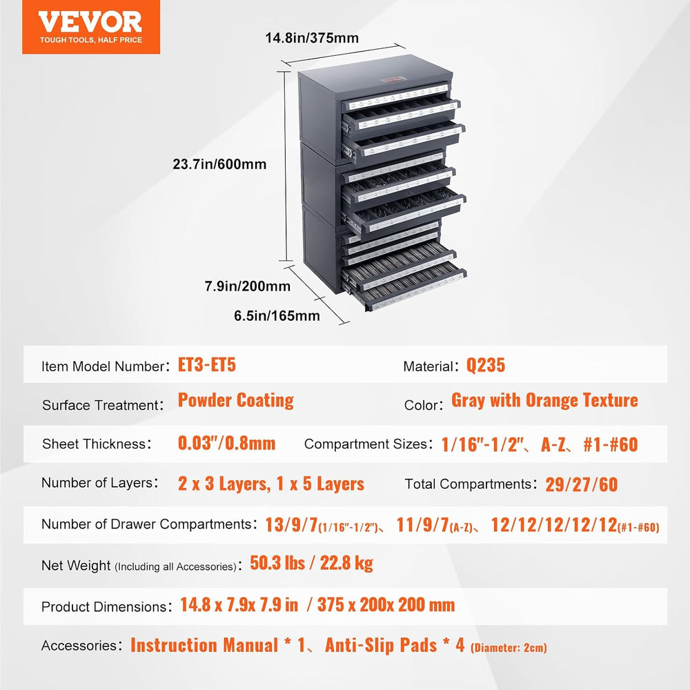 VEVOR Drill Bit Dispenser Cabinet Set, Three-Drawer for 1/16" to 1/2&quo...