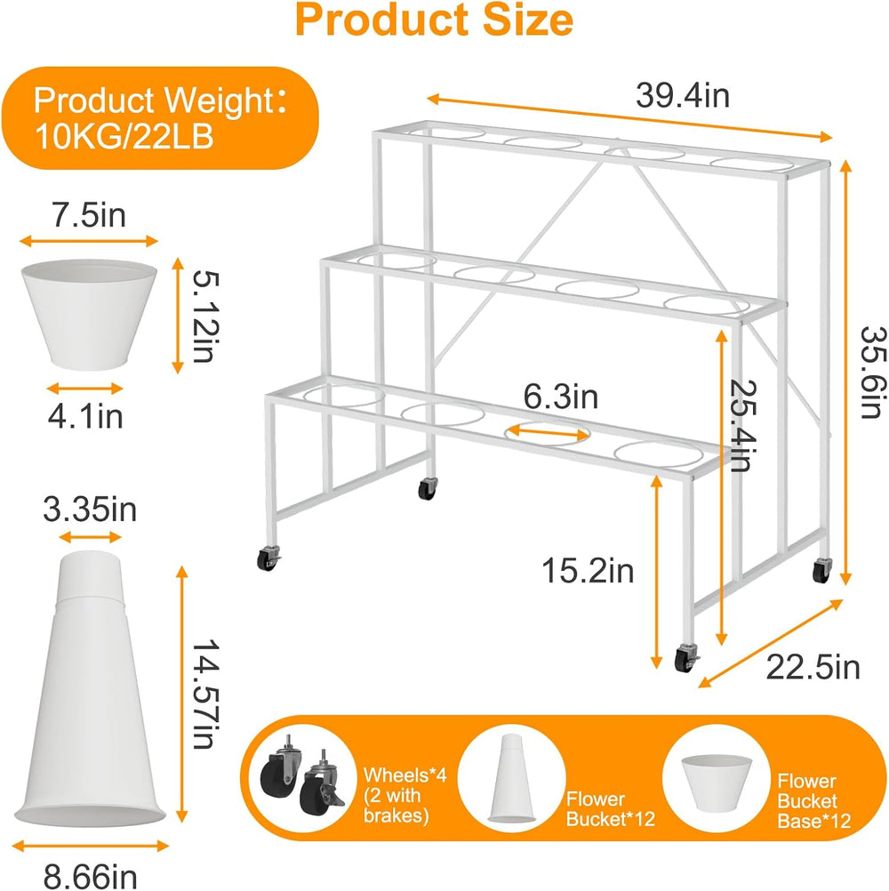 Flower Stand, 3-Tier Flower Display Stand with Buckets for Indoor Outdoor, Fl...