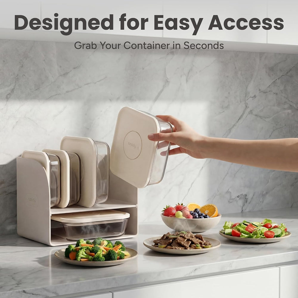 SMIRLY Glass Food Storage Containers with Lids & Organizer, 5-Pack, Cream