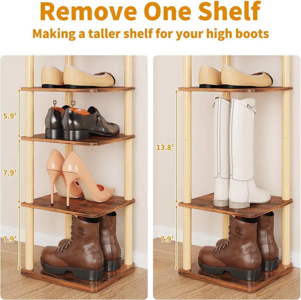 8 Tiers Vertical Shoe Rack, Tall Narrow Shoe Tower, Corner Shoe Rack, Brown