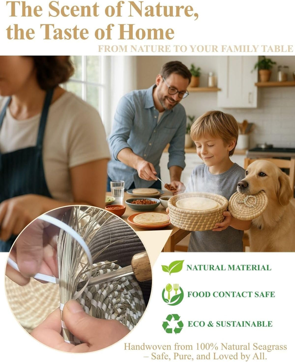 Handwoven Seagrass Tortilla Warmer Basket with Lid, 9.6" Breathable Natu...