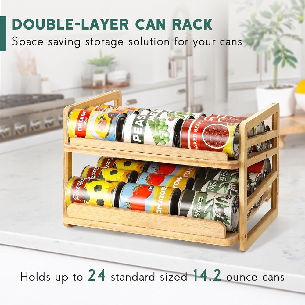 Yumkfoi Rolling Bamboo Can Organizer Rack, Stackable Can Storage