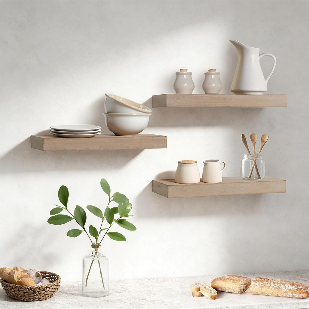 AHDECOR Floating Shelves, Wall Mounted Set of 3 Rustic Wooden Ledge Shelves D...