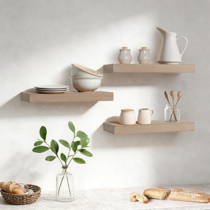 AHDECOR Floating Shelves, Wall Mounted Set of 3 Rustic Wooden Ledge Shelves Decorative for Bedroom, Office, Kitchen, Living Room - Sleek Design, Sturdy and Easy to Install