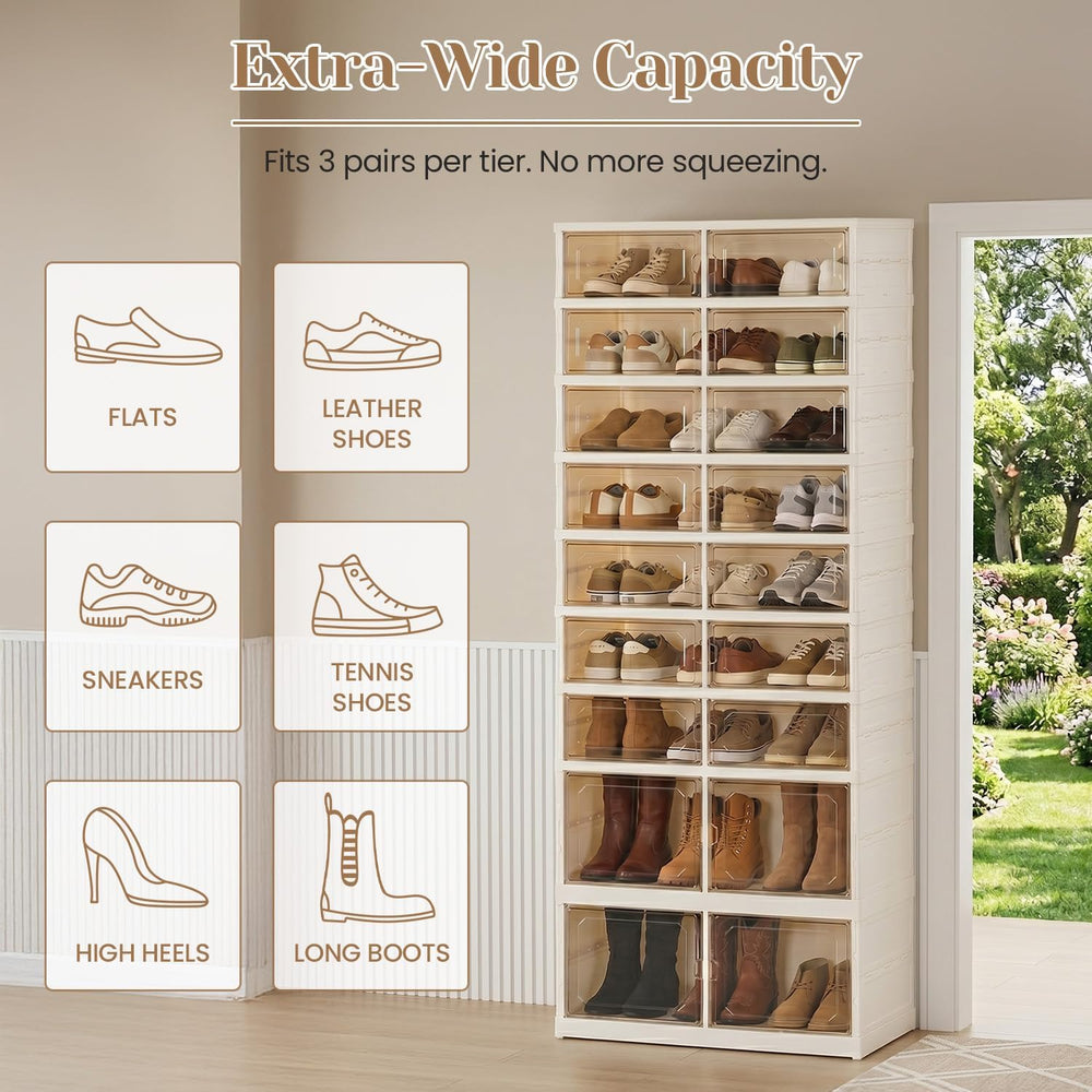 Foldable Shoe Rack, 9-Tier Shoe Storage Cabinet with Clear Doors for Closet
