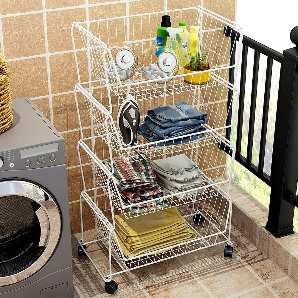 PUSDON 4-Tier Large Stackable Wire Storage Baskets with Wheels, Metal Rolling...