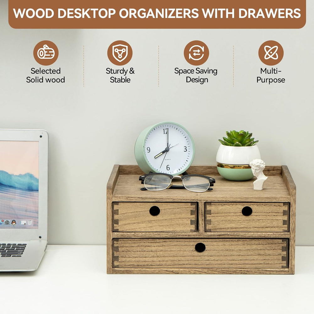 KIRIGEN Wooden Desk Organizer with 3 Drawers and Top Shelf Brown DT2D3C-DBR