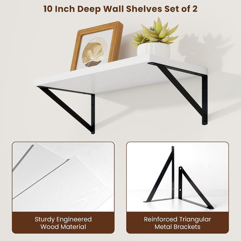 Axeman 20 Inch Floating Shelves, 10 Inch Deep White Wall Shelves Set of 2