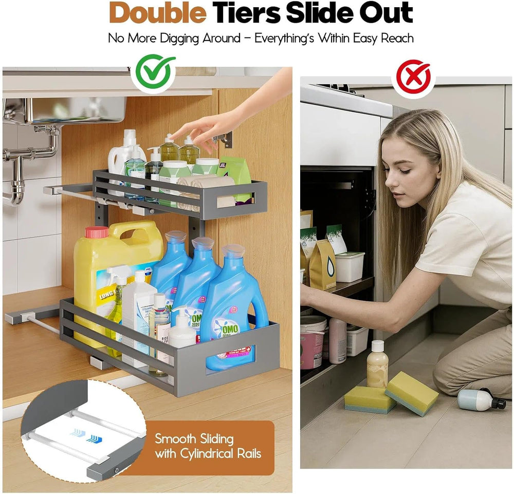 2-Pack Under Sink Organizers and Storage,2-Tier L Shape Pull Out Cabinet Orga...