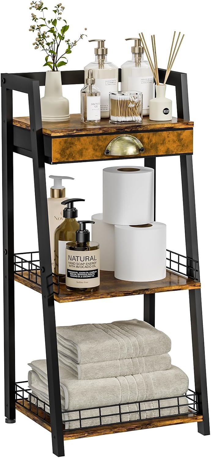 keomaisyto 3-Tier Bathroom Shelves with Canvas Drawer, Floor Bathroom Storage...