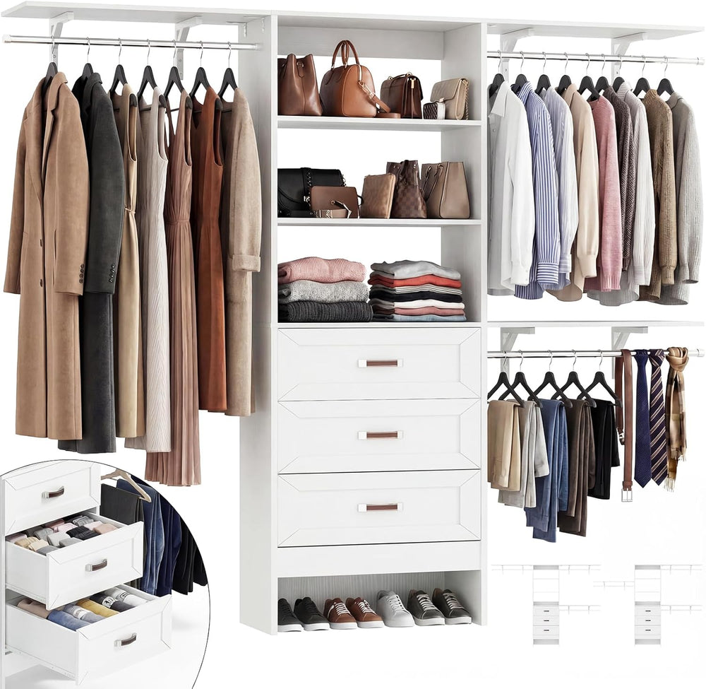 8FT Closet System with 3 Curved Drawers, 96'' Wooden Walk-in Closet O...