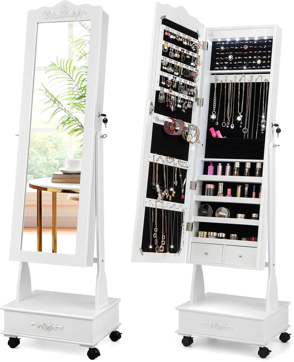 HAPPYGRILL Full Length Jewelry Armoire, Lockable Jewelry Organizer with Wheel...