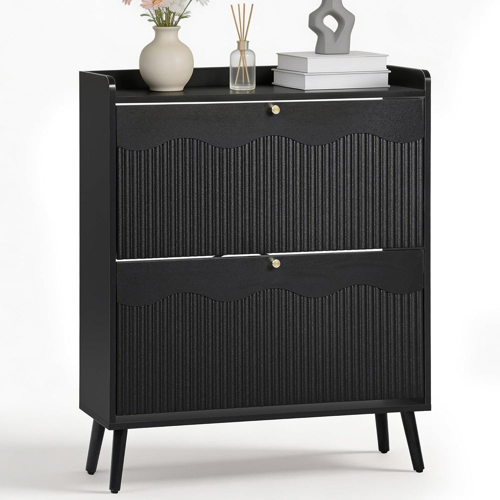 BERRYMERRY 31.5” Black Fluted Shoe Cabinet Storage with 2 Flip Drawers