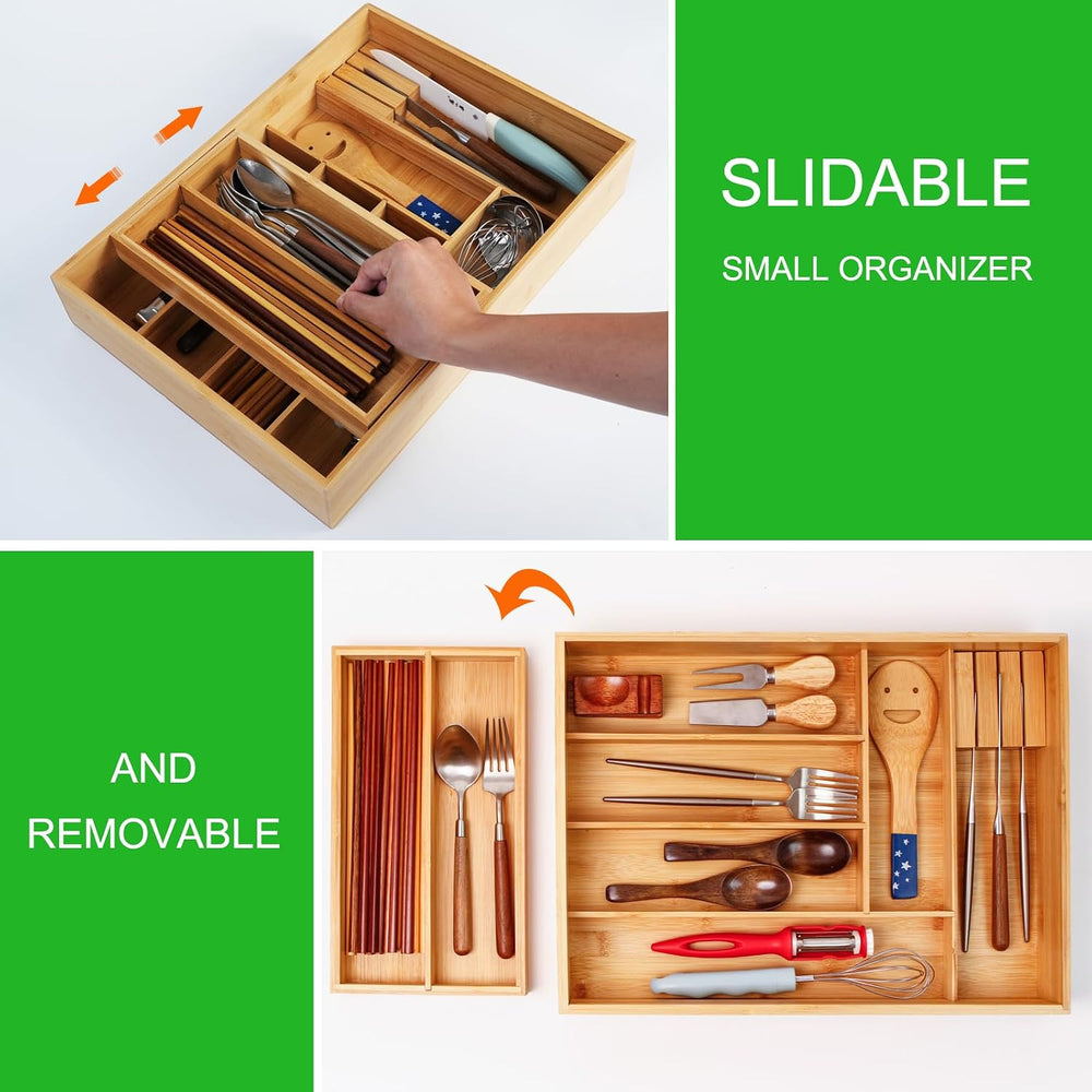 COIWAI Double Layer Bamboo Drawer Organizer Cutlery Utensil Silverware Drawer...