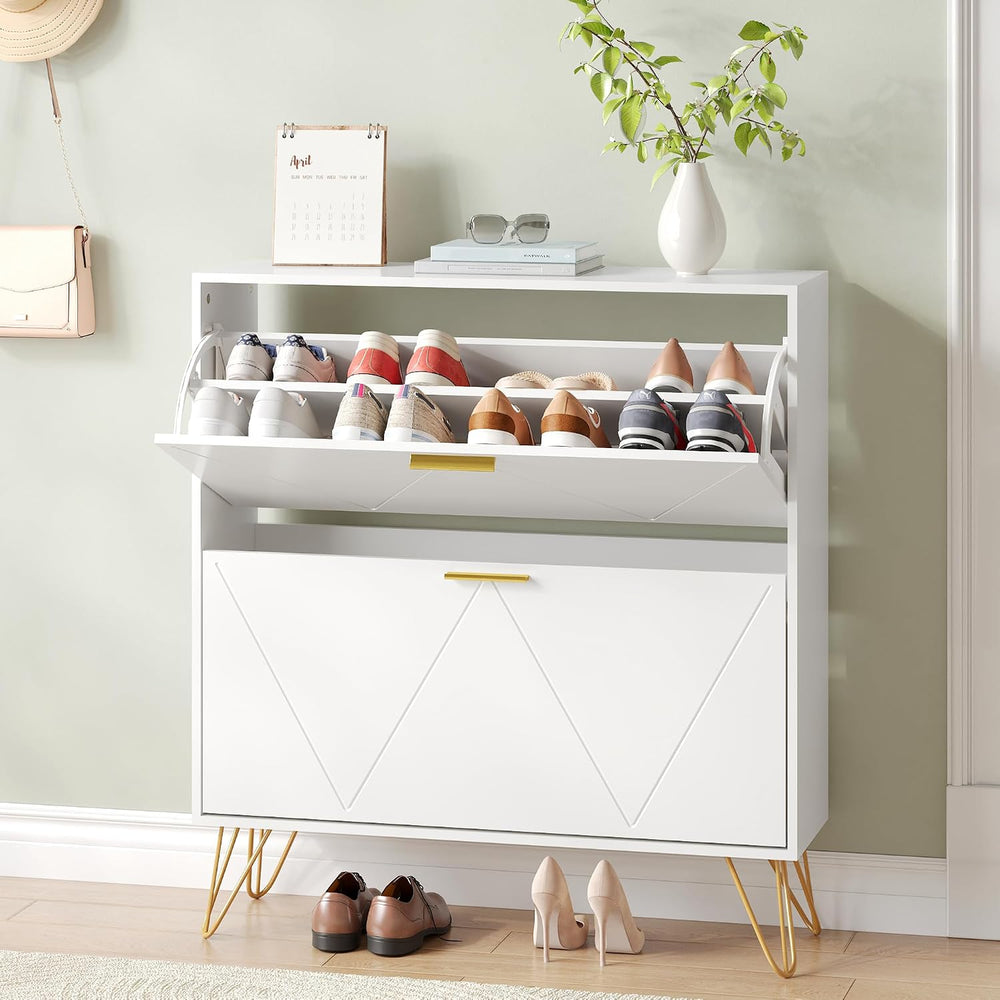 Shoe Storage Cabinet with 2 Striped Flip Drawers and Metal Legs, White丨Modern...