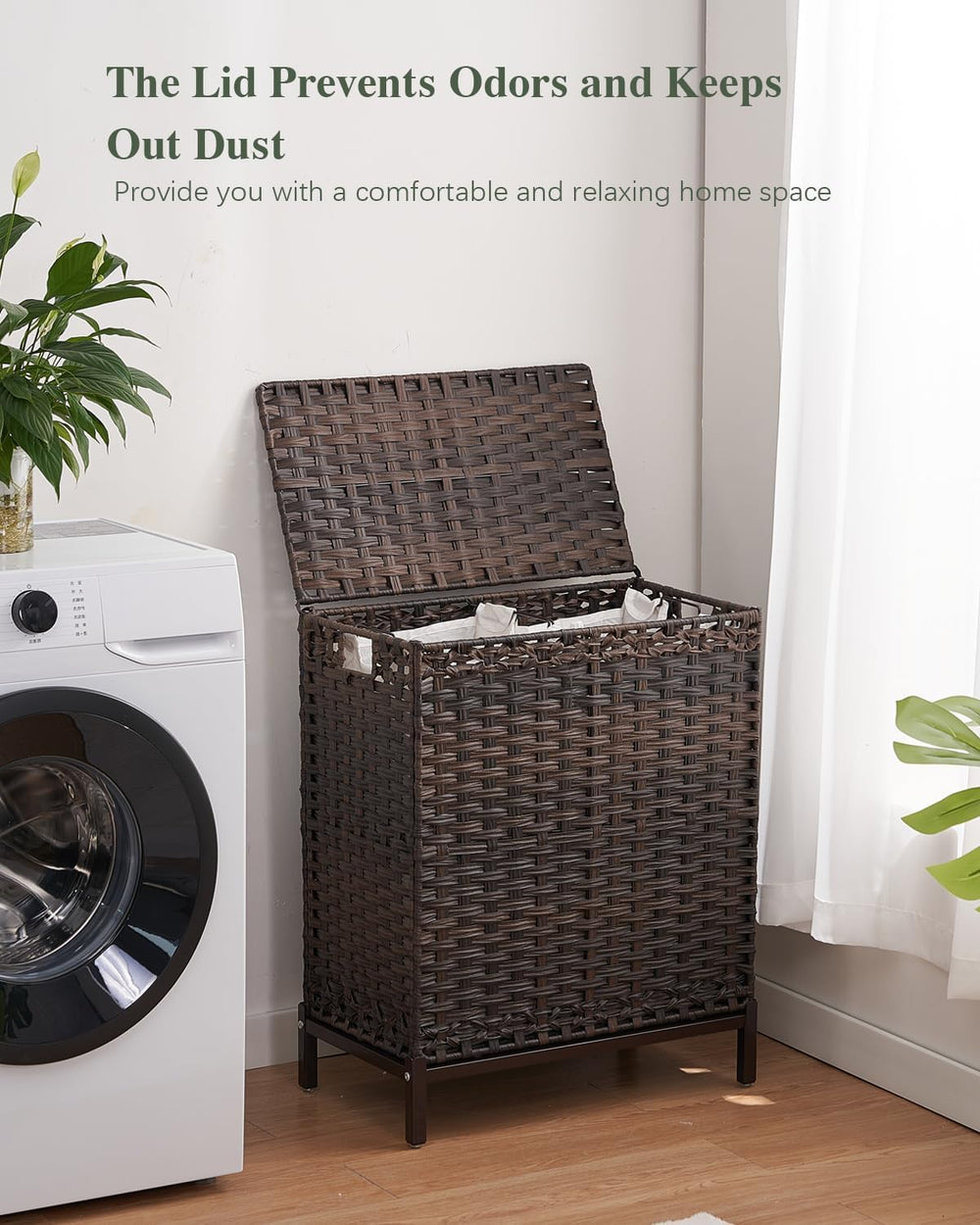 SETVSON Laundry Hamper with Lid, 29.6 Gal 2-Bag Clothes Sorter, Brown