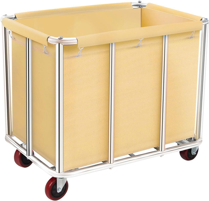 Commercial Laundry Cart with Wheels, 11.42 Bushel Large Laundry Rolling Bins with Removable Waterproof Canvas Lining Basket, Heavy Duty Stainless Steel Laundry Hampers for Hotels & Hospital
