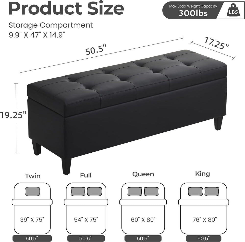 50.5 Inch Storage Ottoman Bench, Faux Leather Tufted Upholstered Bedroom Benc...