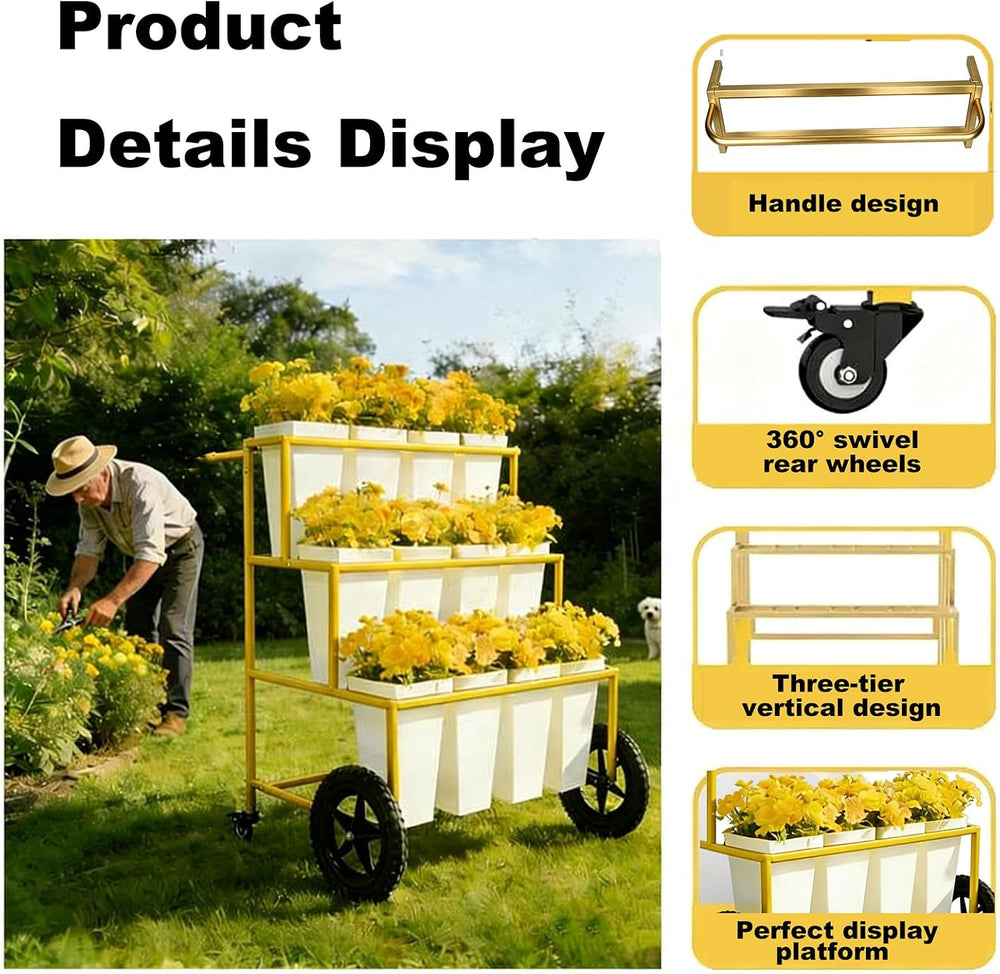 Black 3 Tier Metal Flower Cart Display Stand with Wheels, Mobile