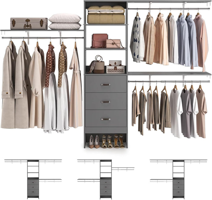 Armocity 120 Inches Closet System, 10FT Walk In Closet Organizer with 3 Shelving Towers, Heavy Duty Clothes Rack with 3 Drawers, Built-In Garment Rack, 120" L x 16" W x 75" H, Max Load 1300 LBS, Grey