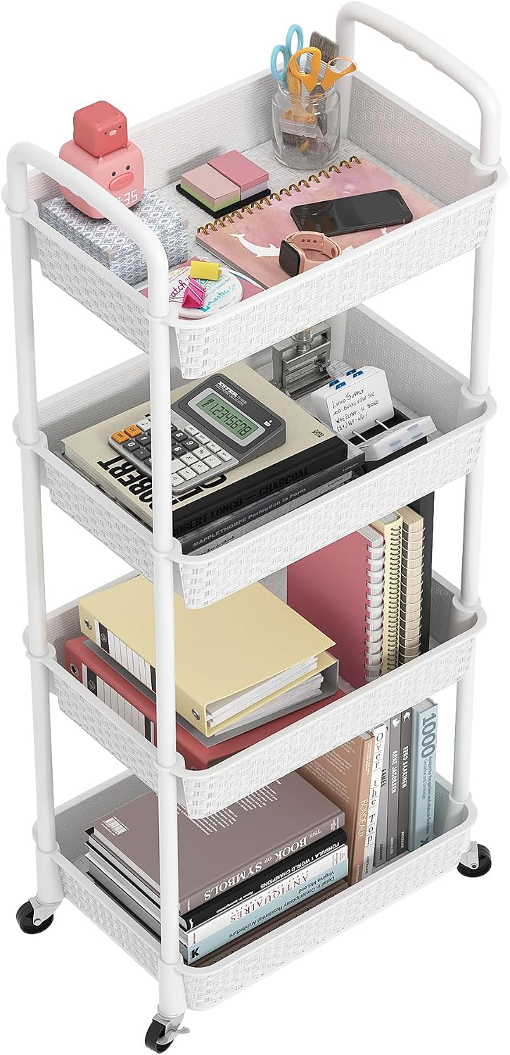 MOYIPIN 4-Tier Plastic Rolling Utility Cart with Handle,White