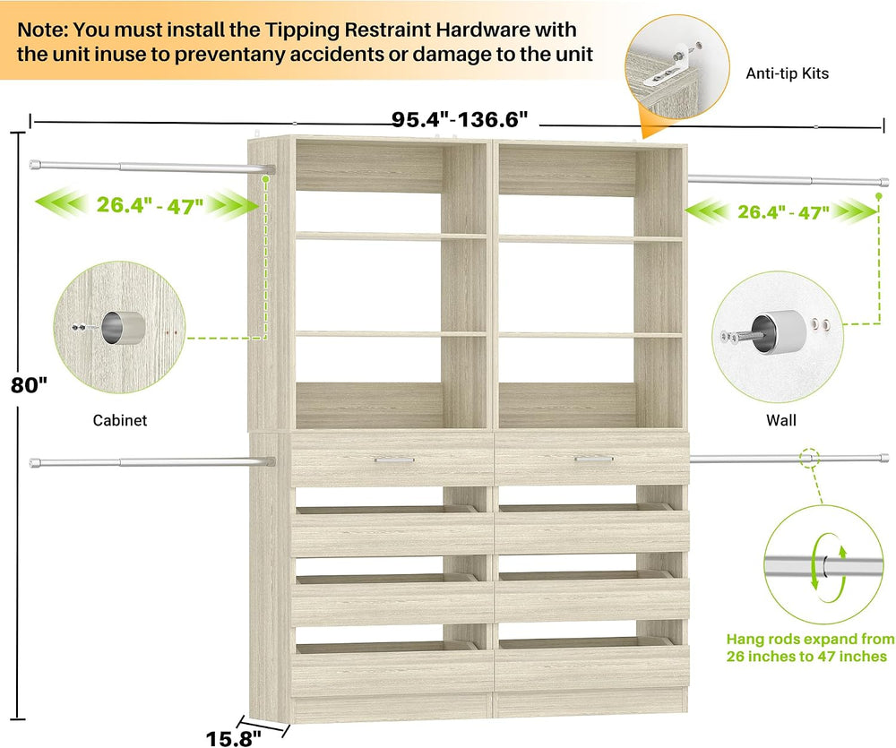 Aheaplus Closet System, 6-15Ft Custom Wood Closet Organizer with 8 Drawers