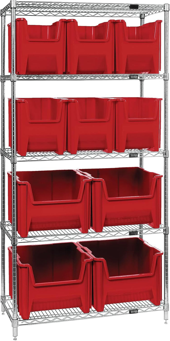 Quantum Storage Systems WR5-600800RD 5-Tier Complete Wire Shelving System with 6 QGH600RD and 4 QGH800RD Red Giant Stack Bins, Chrome Finish, 74" Height x 36" Width x 18" Depth