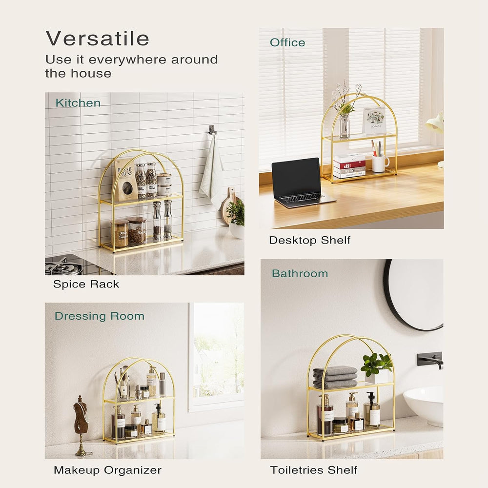 Crofy 2-Tier Arched Wall Shelf with Gold Frame & Transparent Shelves