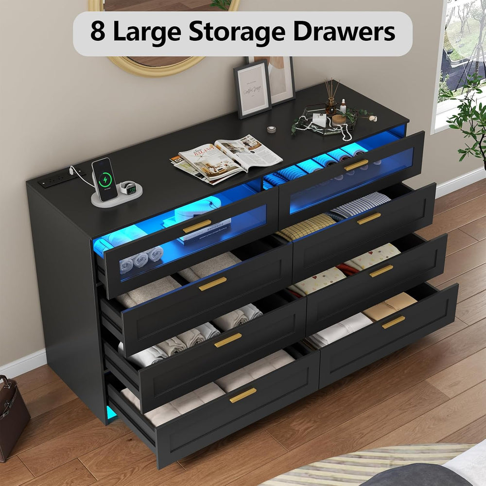 8 Drawers Dresser with Charging Station, Dresser for Bedroom with LED Light