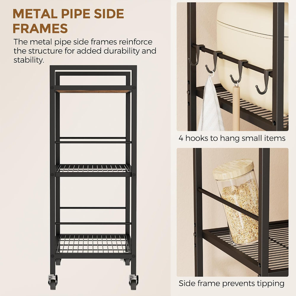 3-Tier Metal Storage Rack with Industrial Wheels,Mesh Shelving Unit with Wood...