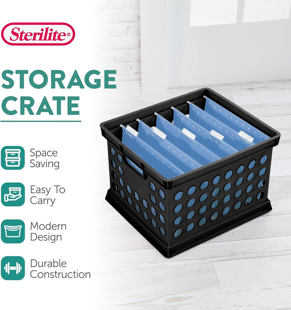 Sterilite Storage Crate Bin File Organizer for Home & Office, Black, 6-Pack