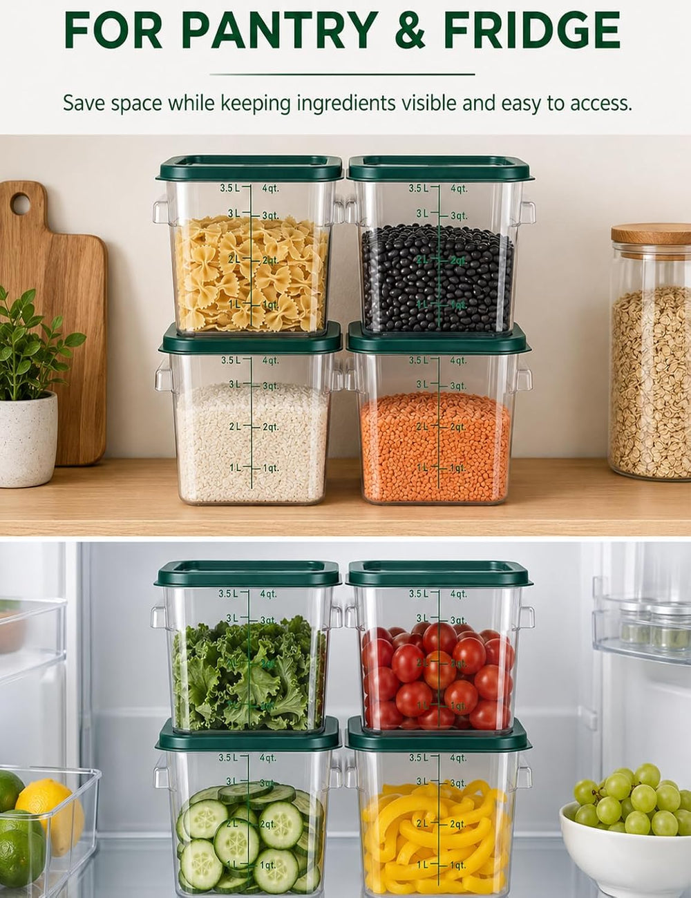 4 Pack 4QT Food Storage Containers with Green Lids - Square, Clear