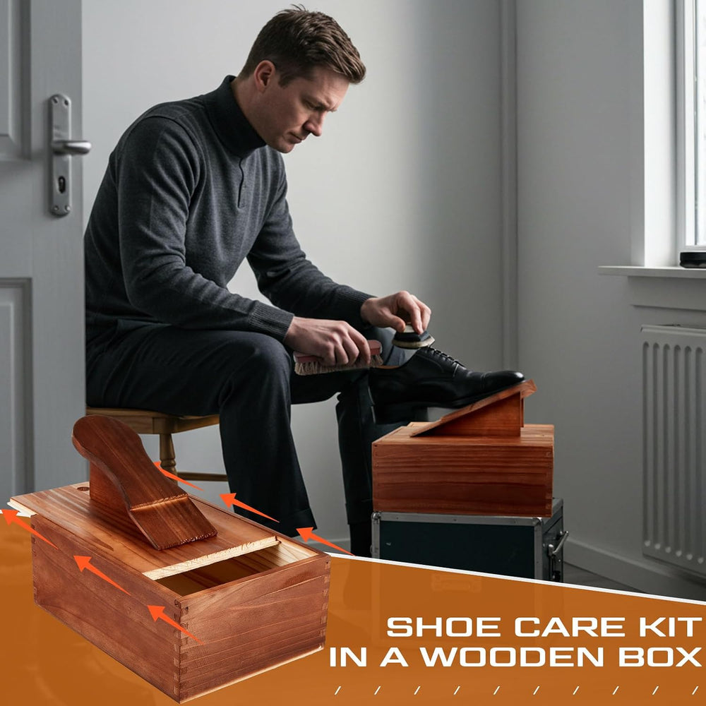 9 Pcs Shoe Shine Valet Box Including 1 Wooden Storage Box, 3 Colors Shoe Crea...