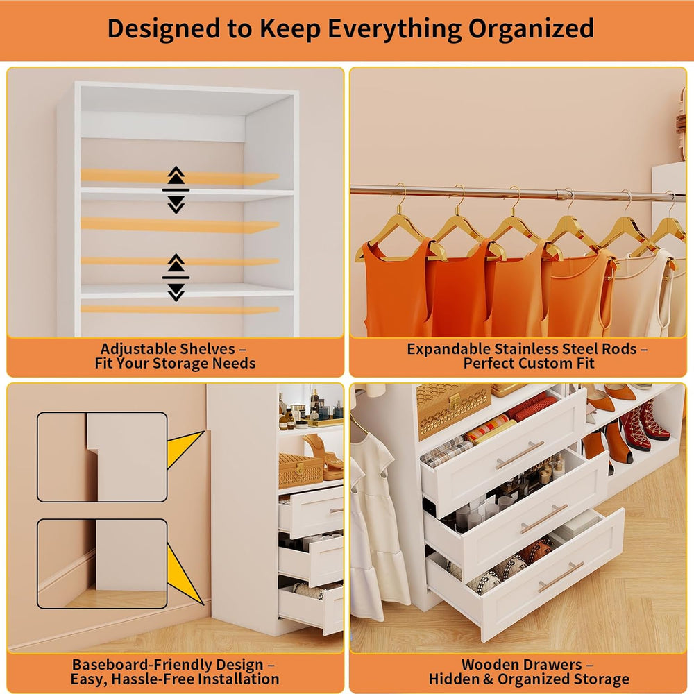 Closet System with Drawers, 6FT–15FT Closet Organizer System with 9 Drawers, ...