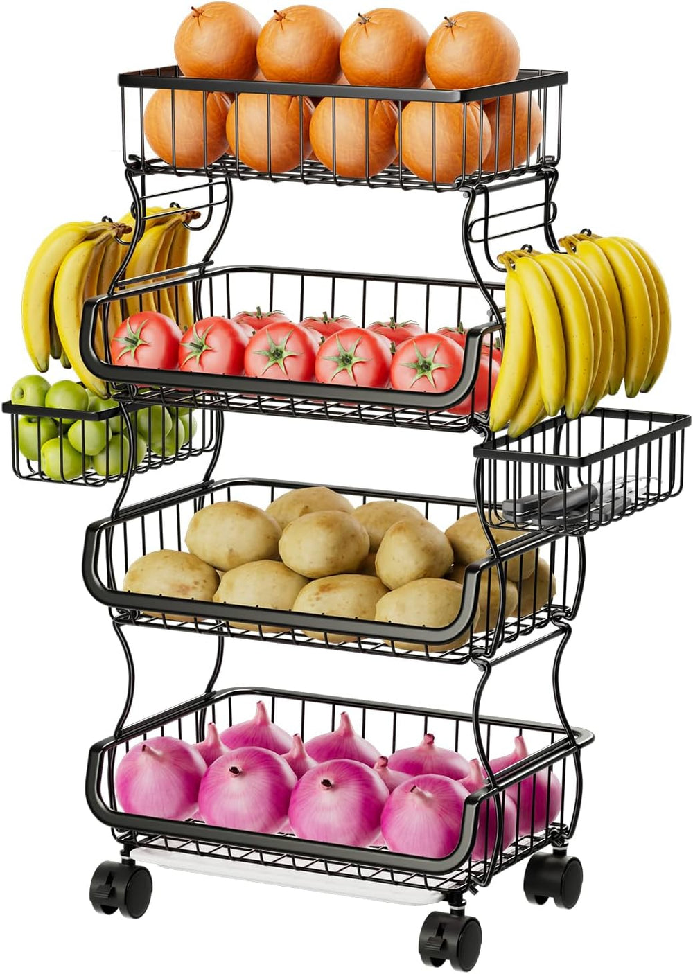 Simple Trending Stackable Cart, Fruit Vegetable Basket with Wheels, 4 Tier