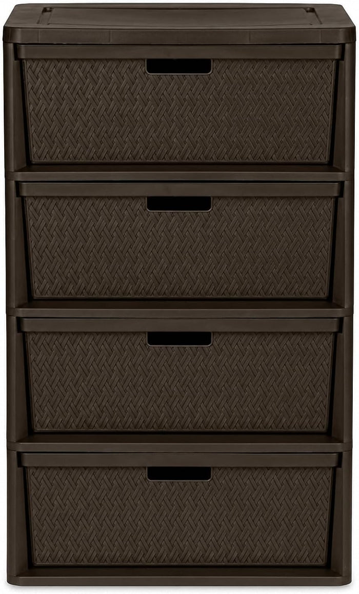 4-Drawer Plastic Storage Tower, Wide Bedroom Closet Storage Chest, Brown