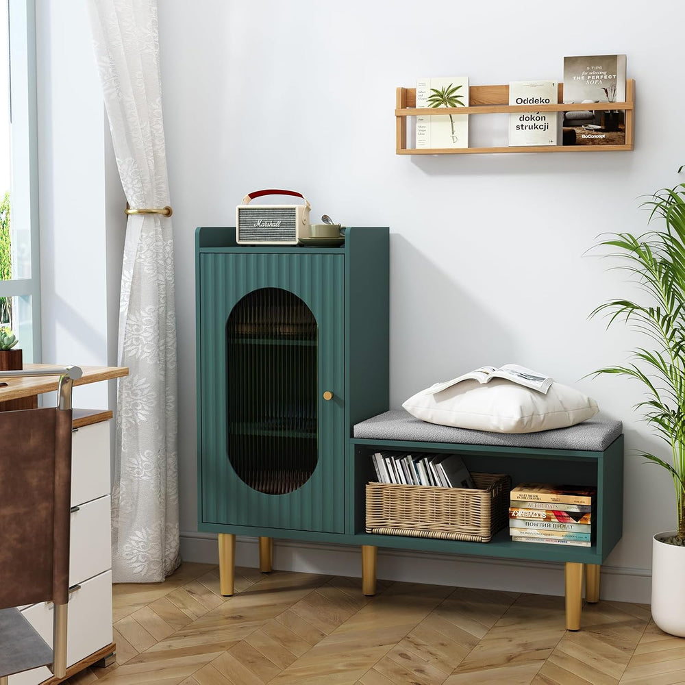 HLR Storage Bench Set of 2, Green Modern Entryway Shoe Cabinet Bench with Gla...