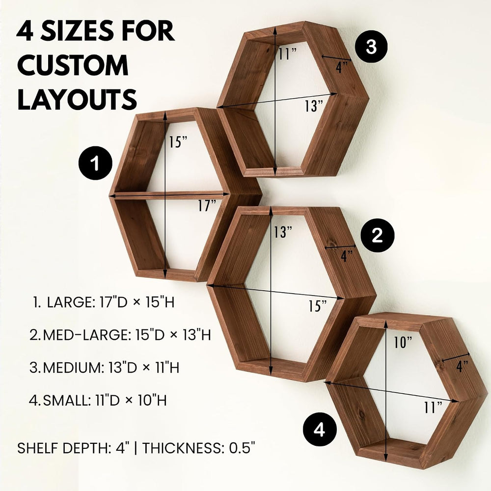 LABEND HOME Hexagon Floating Shelves Set of 4 - Solid Wood Wall Mounted Shelv...