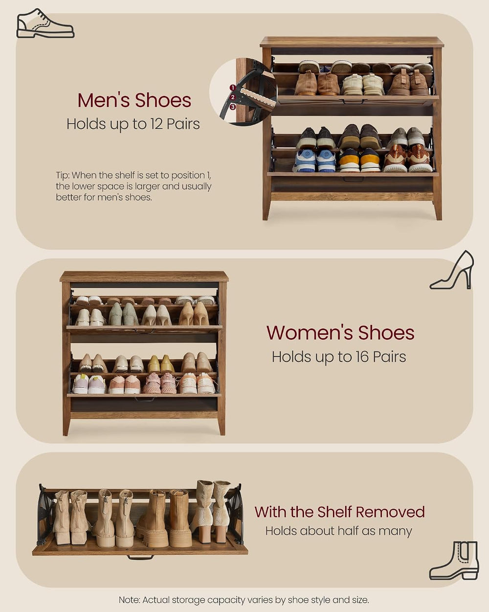 VASAGLE Farmhouse Shoe Cabinet, Narrow Storage Organizer, 2 Flip Drawers