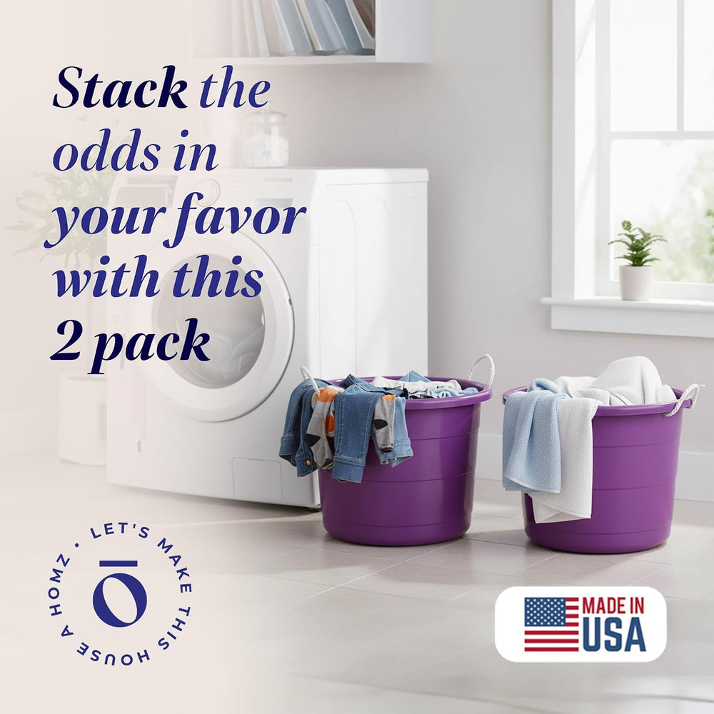 HOMZ Utility Tub, Storage Bucket with Rope Handles, 18 Gal, Purple, 2 Pack