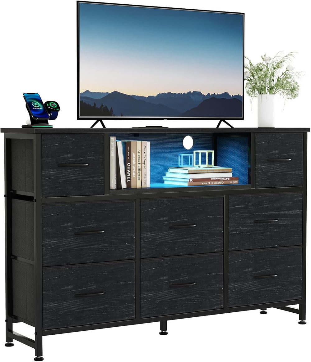 DUMOS LED Entertainment Center, TV Stand Dresser with Charging Station