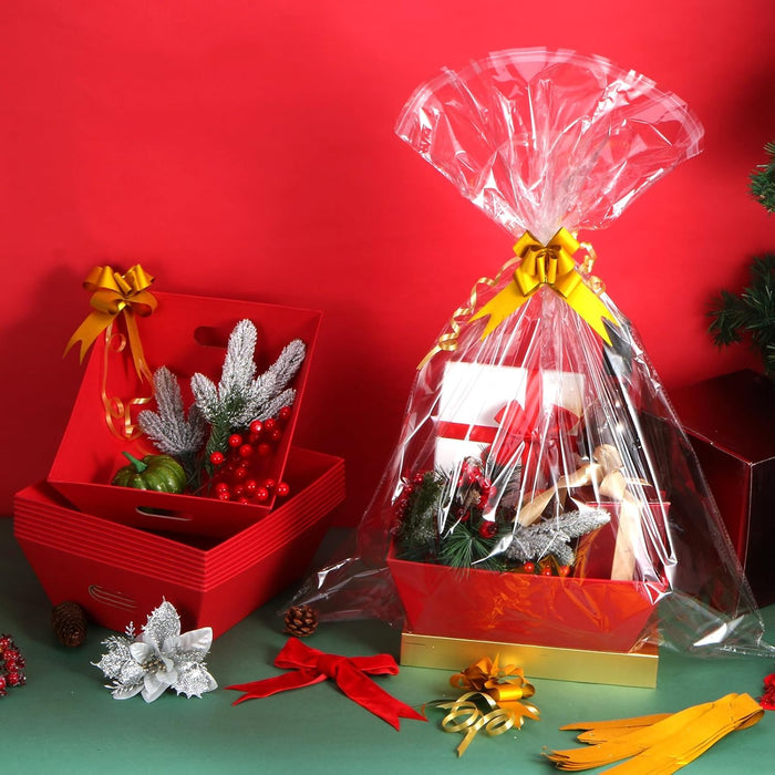 AFOROEOA 10PACK Red Baskets For Gifts Empty, 10x12”Thick Kraft Gift Basket with 10 Bows 10 Bags Empty Gift Baskets for Christmas, Easter, Birthdays, Snacks, Farmers Market