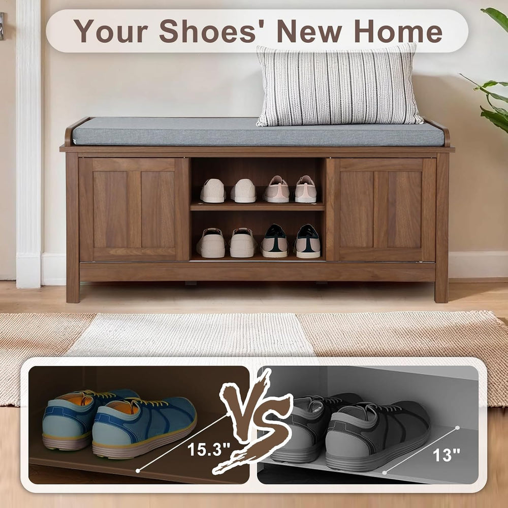 Shoe Storage Bench with Sliding Doors & Adjustable Shelves