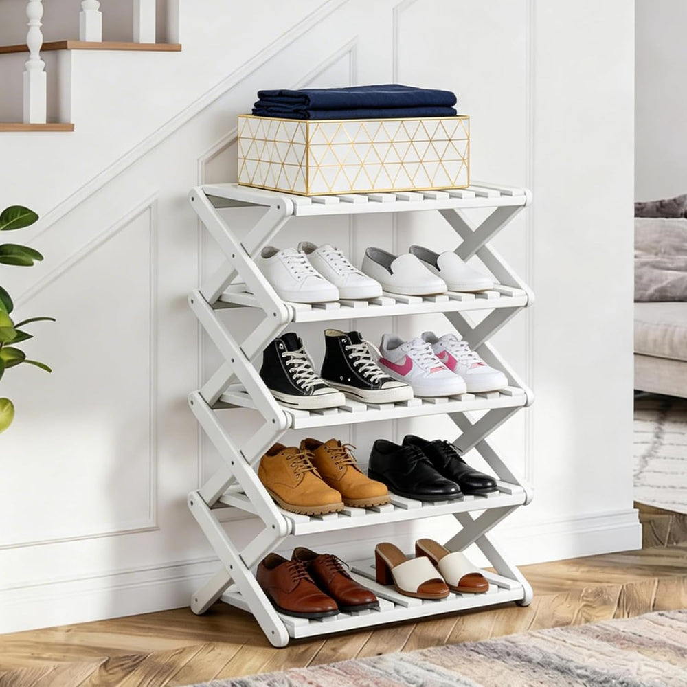 5 Tier Bamboo Shoe Rack White,Portable Folding Shoe Storage Rack,Without Inst...
