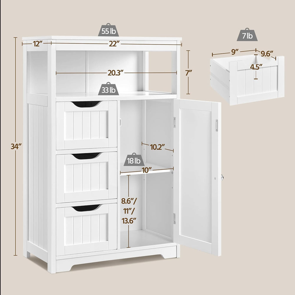 Yaheetech Small Freestanding Bathroom Storage Cabinet with 3 Drawers, White