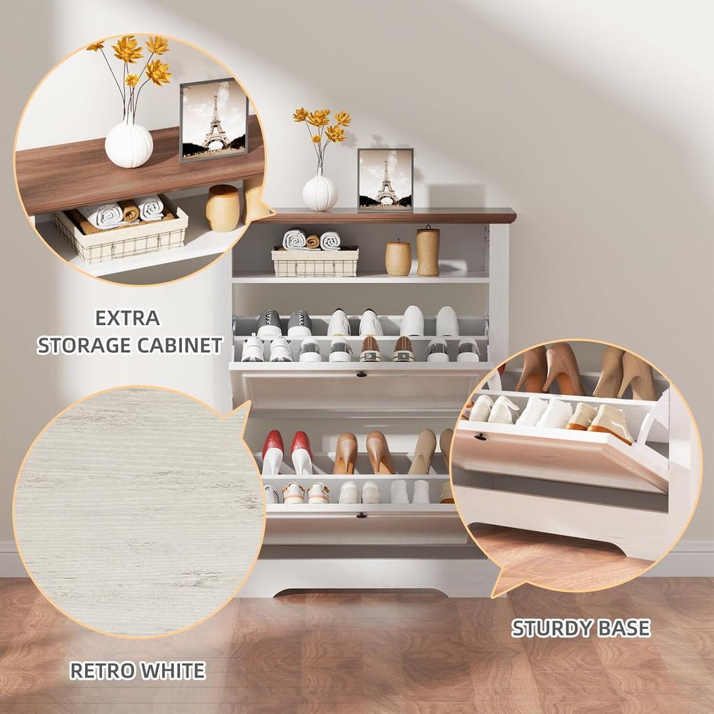 39" Farmhouse Shoe Storage Cabinet with 2 Flip Drawers and Adjustable En...