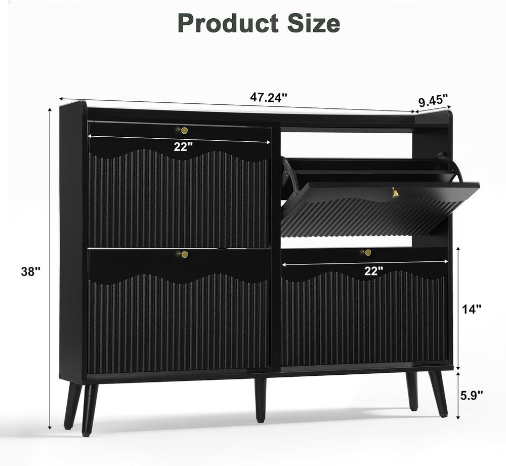 BERRYMERRY Black 47.2” Shoe Storage Cabinet with 4 Flip Drawers